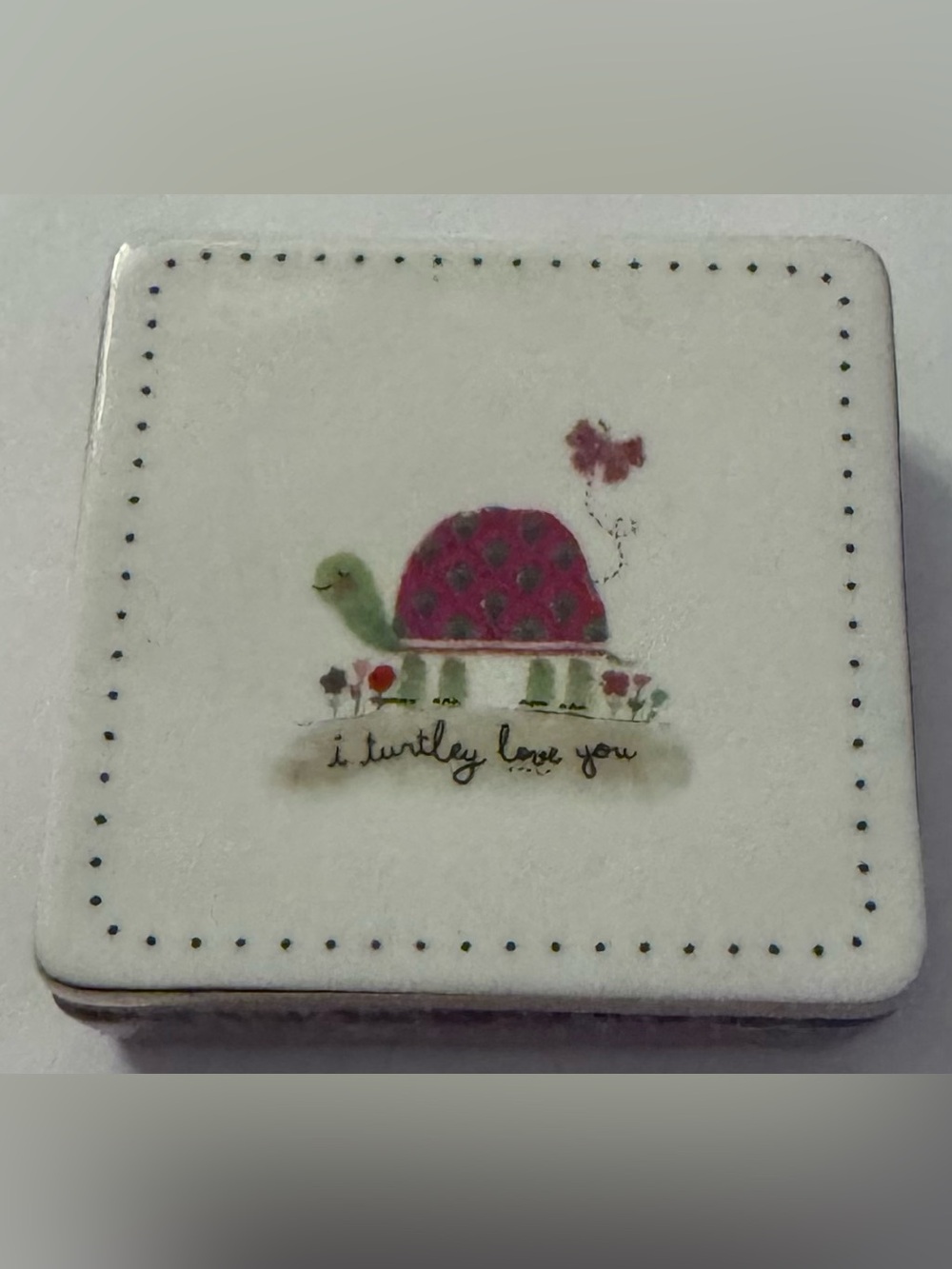 NATURAL LIFE White Lidded Trinket Box with Pink & Green Turtle Design